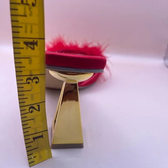 Red Satin Feather Mule Heels • Gold Block Heel • EU 40 (US 9–9.5) - Picture 3 of 8